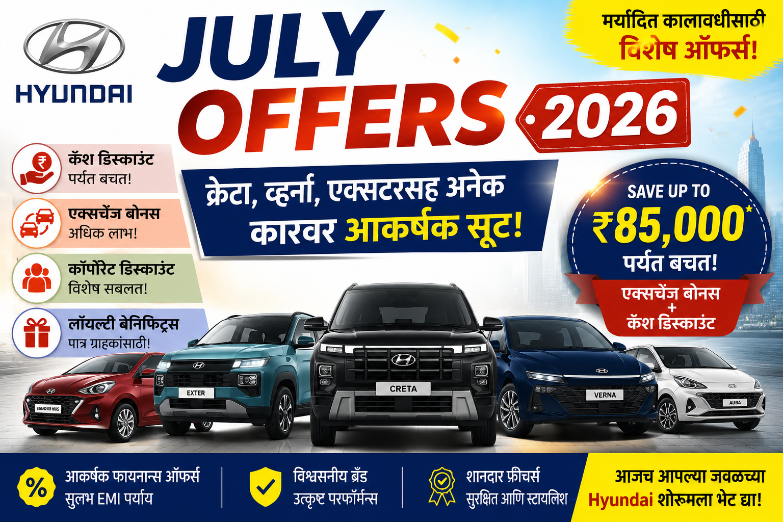 Hyundai July Offers 2026 क्रेटा, व्हर्ना, एक्सटरसह अनेक कारवर आकर्षक सूट; जाणून घ्या संपूर्ण ऑफर्स