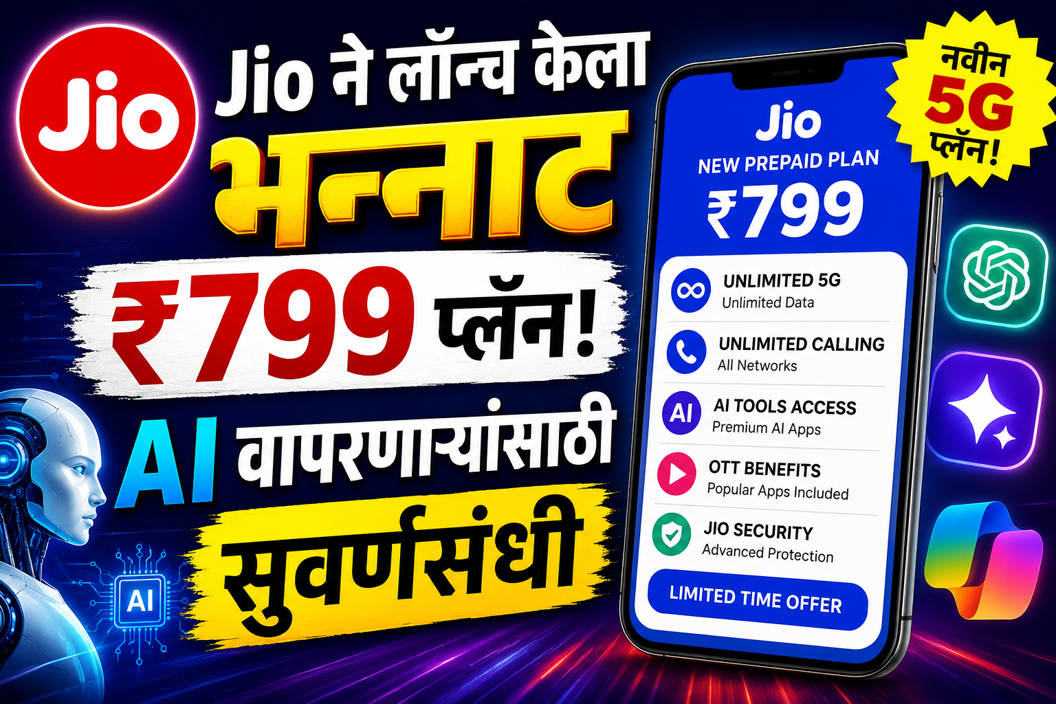 Jio ने लॉन्च केला भन्नाट ₹799 प्लॅन! AI वापरणाऱ्यांसाठी सुवर्णसंधी