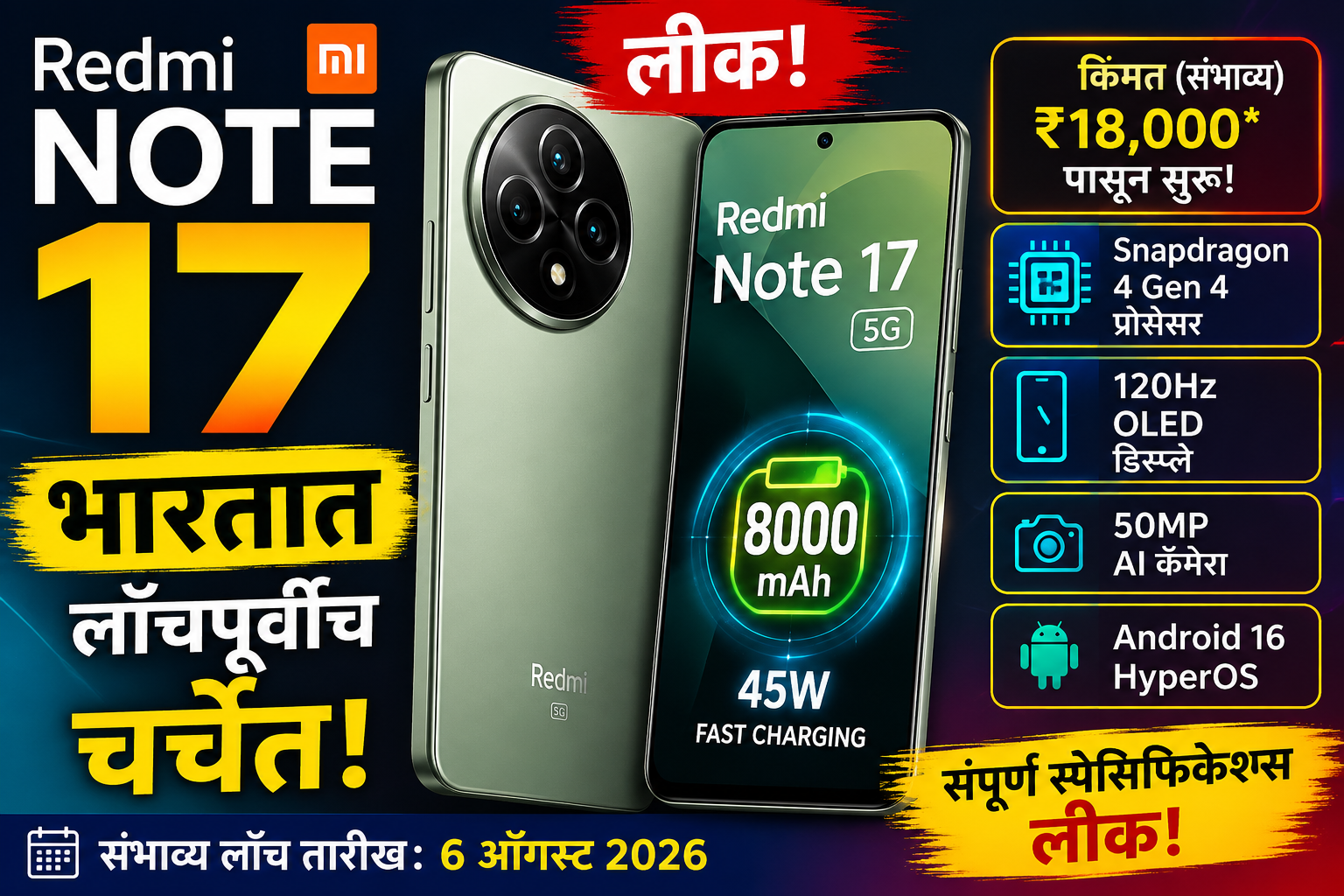 Redmi Note 17 भारतात लाँचपूर्वीच चर्चेत! किंमत आणि स्पेसिफिकेशन्स लीक
