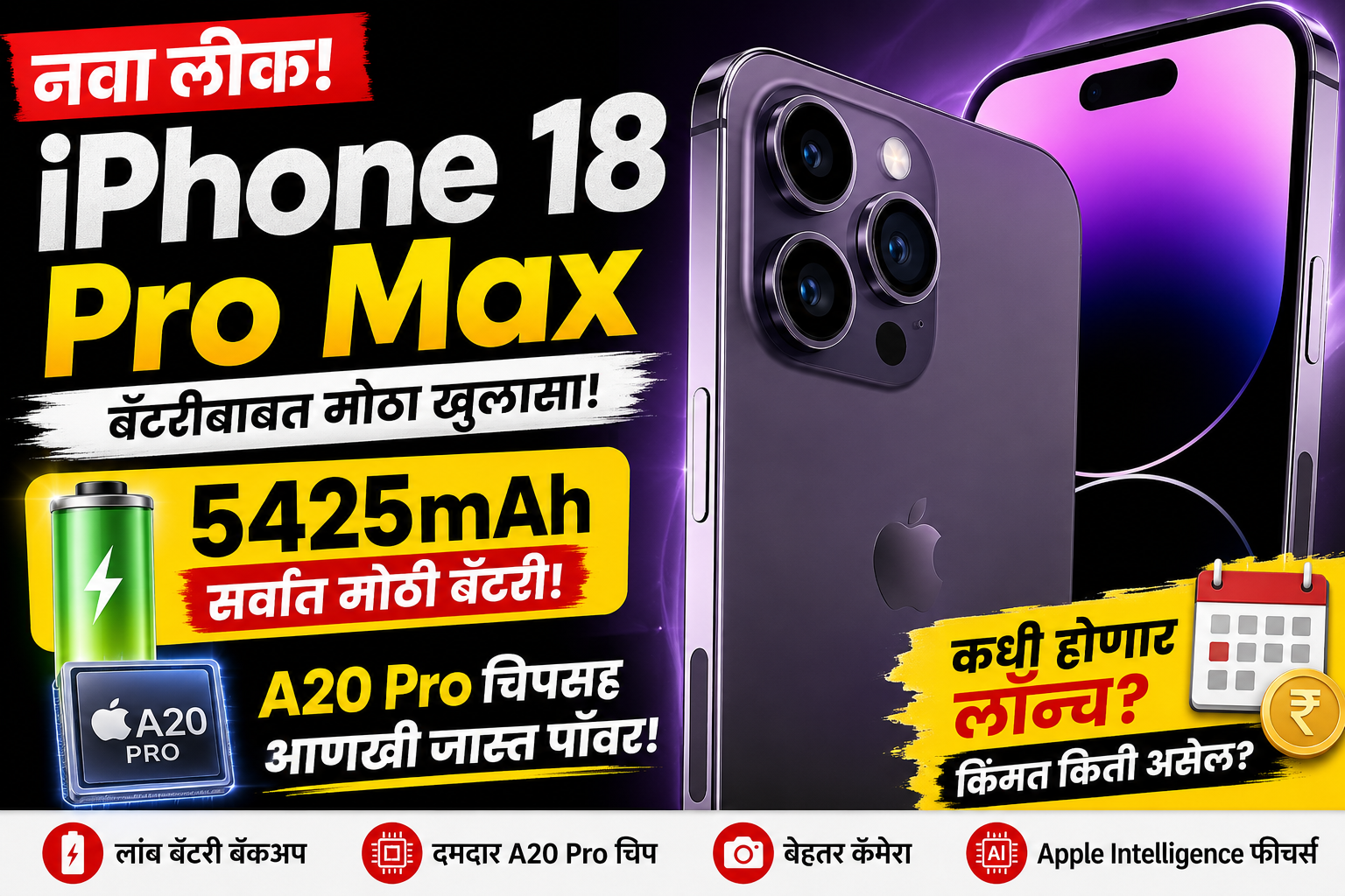 iPhone 18 Pro Max च्या बॅटरीबाबत मोठा लीक! 5425mAh बॅटरी आणि A20 Pro चिपसह येऊ शकतो Apple चा सर्वात शक्तिशाली iPhone